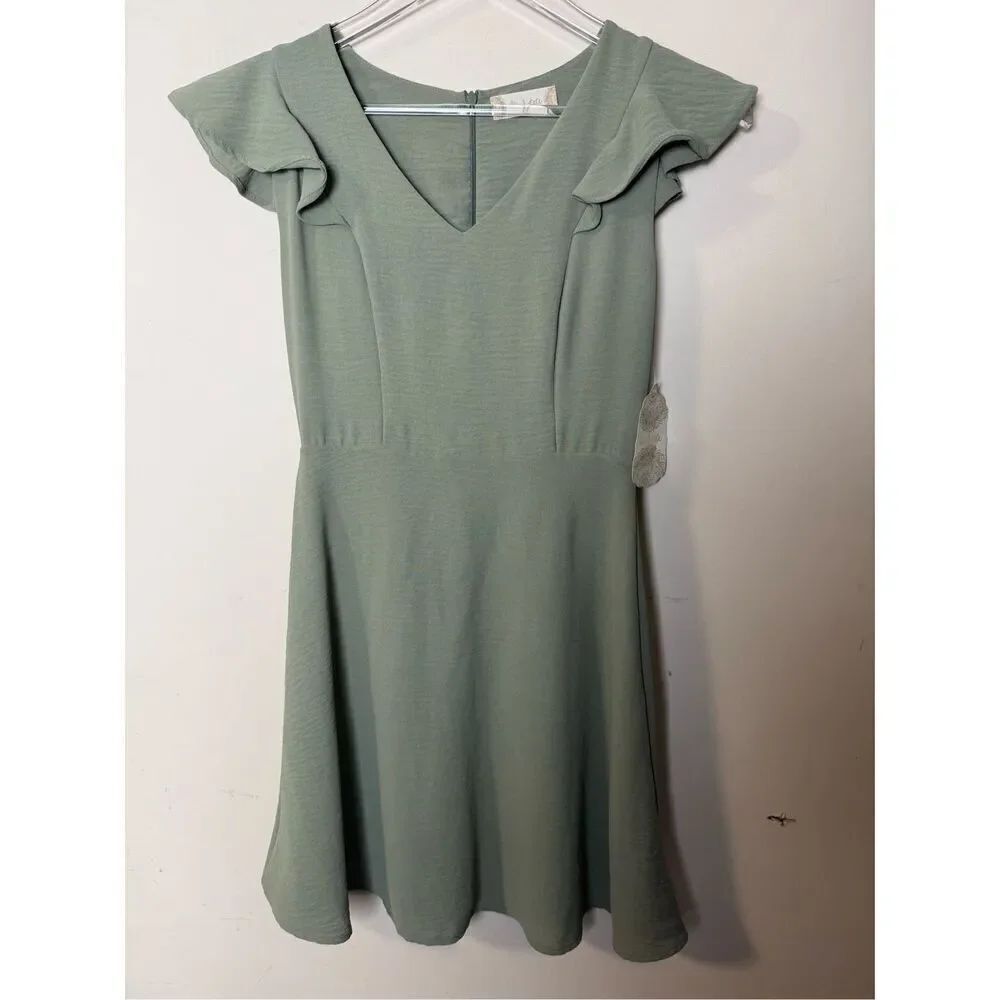 Altar'd State Mini Sun Dress Sage Green VNeck Ruffled Lined Stretchy Preppy Coqu